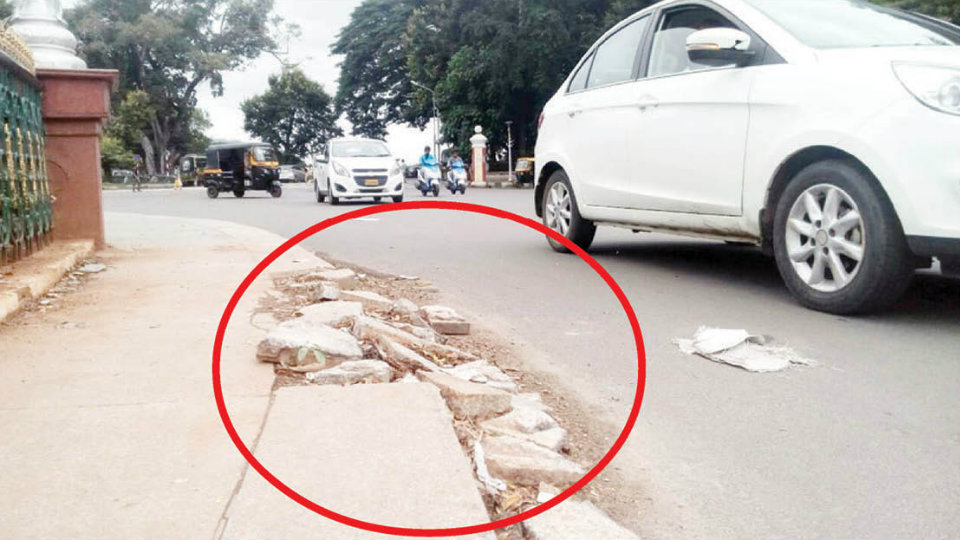 Marble pavement around JC Wadiyar Circle damaged
